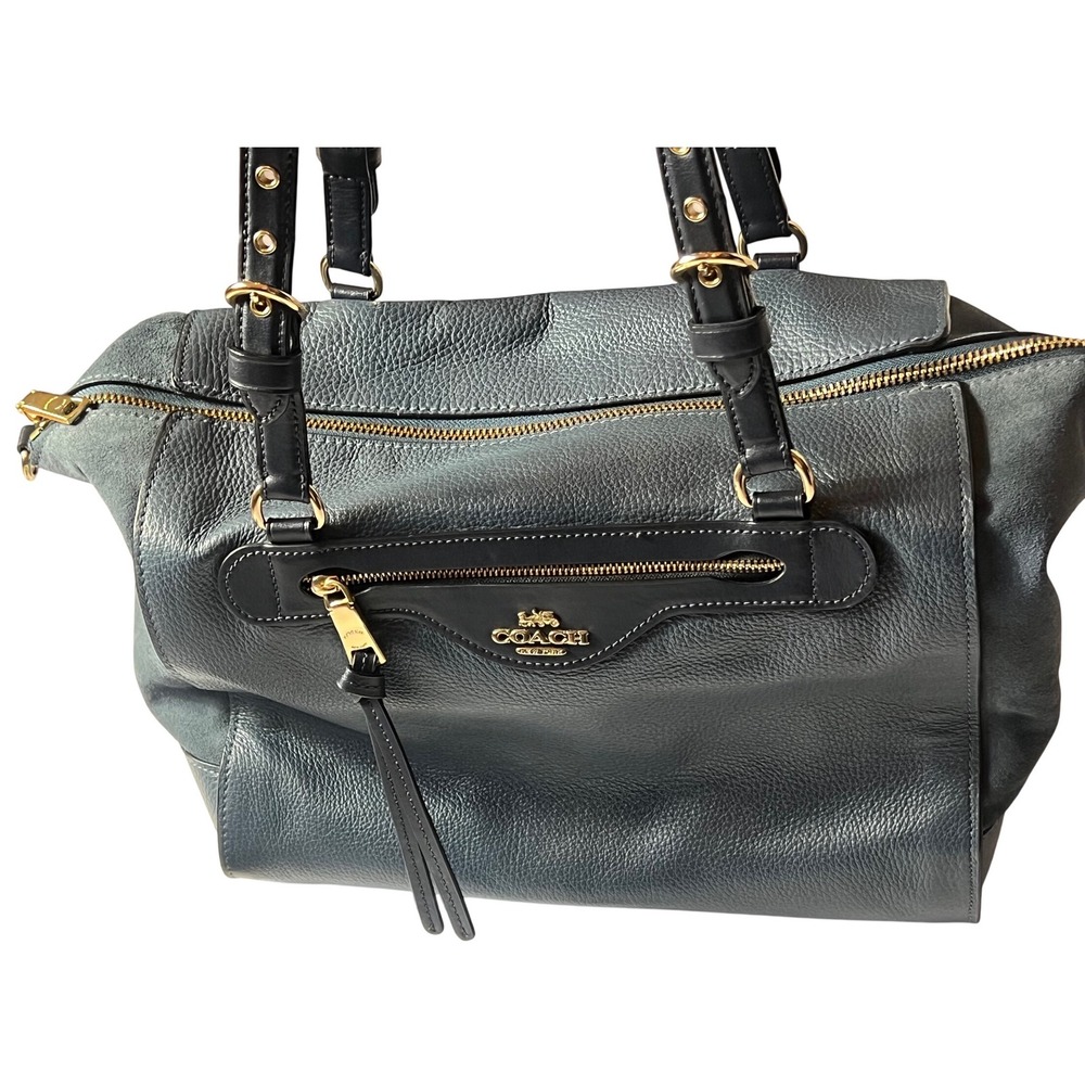 Coach Kleo Carryall‎ Bag Teal and Navy Blue Pebbled Leather Suede Handbag